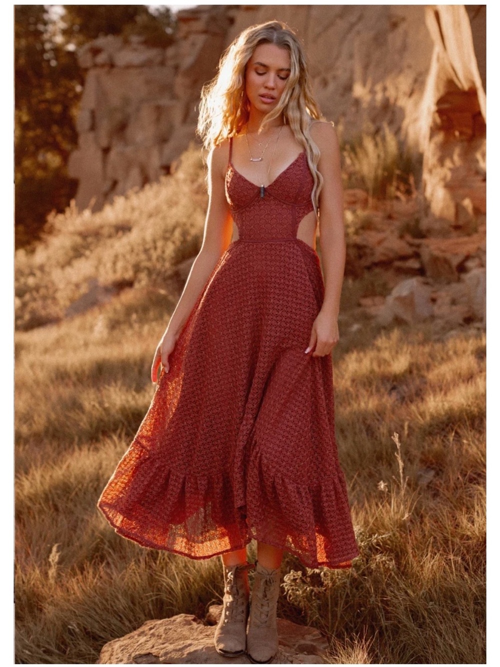 New. Joyfolie BEBE DRESS IN CEDAR Rust Red Cutout Maxi Dress